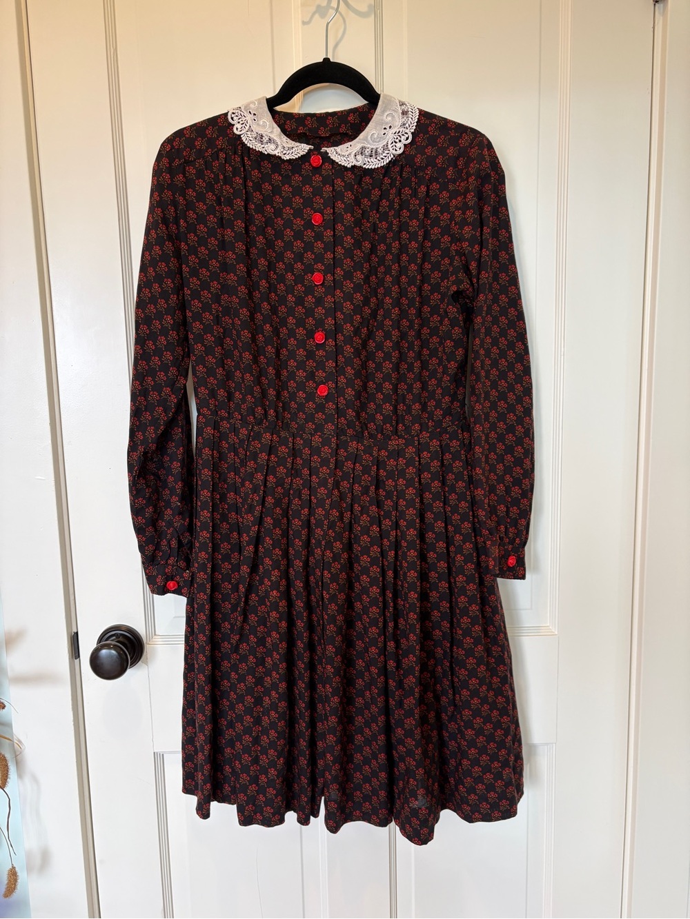 Vintage Handmade Black Dress with Red Floral Print and White Lace Collar